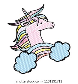 doodle cute unicorn head with rainbow and clouds