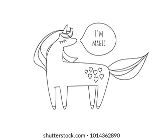 Doodle cute unicorn with hearts and I'm magic text