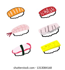 doodle cute vector freehand drawing set of Japanese food sushi