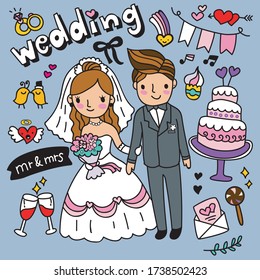 Doodle of cute wedding card decoration cartoon style 