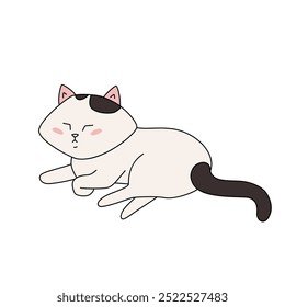 Doodle cute white cat with black tail lying down. Simple funny vector illustration isolated.