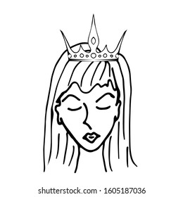 Doodle cute woman with a crown on her head. Women's Day. Valentine's Day. Vector illustration for poster, greeting card, print, invitation, wedding. The concept of feminism. White background.