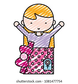 doodle cute woman with hairstyle inside present and ribbon bow