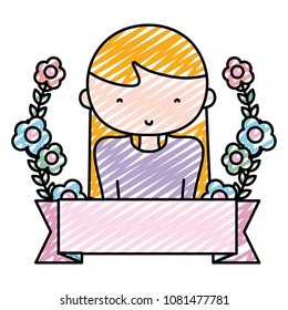 doodle cute woman with ribbon style and flowers