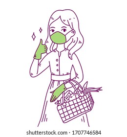 Doodle cute woman vector illustrations. Girl in medical face mask. Wear protective gloves in the store. Don't touch your face. Coronavirus prevention. Use for website, card and other design