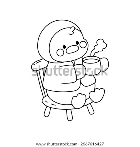 Doodle a cute yellow duck drinking hot chocolate coloring page for children. Draw and color a cute yellow duck drinking hot chocolate. Cozy coloring page printable.