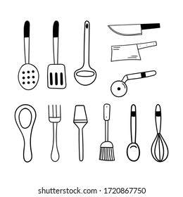 Doodle cutlery set. Items for the kitchen and cooking. Spoon, fork, spatula, whisk and more. Hand vector illustration.