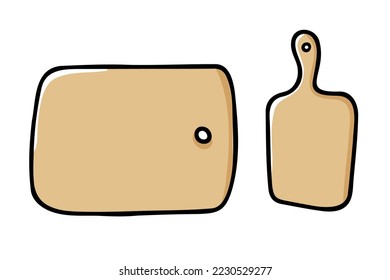 Tablero de tallado de garabatos. Superficie de cocina de mano aislada en fondo blanco. Utensilios de madera para la cocina. Símbolo de comida, vida en casa, panadería, café. Platos de líneas puras. Ilustración acogedora del vector