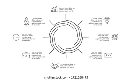 Doodle cycle infographic with 8 options. Hand drawn icons. Thin line illustration.