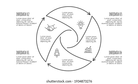 Doodle Cycle Infographic Elements With 4 Options. Hand Drawn Icons. Thin Line Illustration.