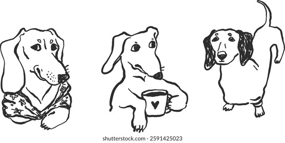 Doodle dachshund dogs, hand-drawn simple line art, ink sketch style