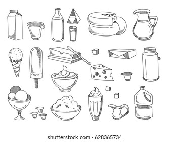 Doodle dairy and milk products. Vector hand drawn icons