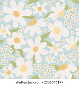 doodle daisies scattered randomly in an endless pattern. hand-drawn white daisies on a blue background. naive cute flowers.