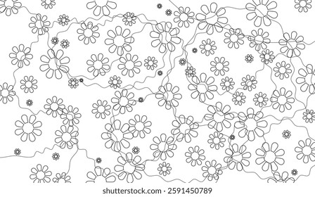 Doodle Daisies, A Whimsical Floral Pattern with Intertwined Lines Creating a Playful and Modern Aesthetic, Ideal for Backgrounds or Creative Projects