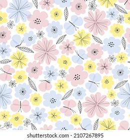 Doodle daisy and butterfly vector seamless pattern. Boho flora background. Cute floral drawing design for nursery and baby textile. - Shutterstock ID 2107267895