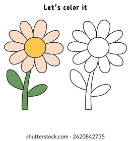 Doodle daisy flower clipart element vector. Flower coloring pages for kids. Trace and color flower. Flower spring garden illustration. Kindergarten and preschool worksheet activity. 