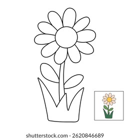 Doodle daisy flower clipart element vector. Flower coloring pages for kids. Trace and color flower. Flower spring garden illustration. Kindergarten and preschool worksheet activity. 