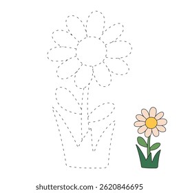 Doodle daisy flower clipart element vector. Flower coloring pages for kids. Trace and color flower. Flower spring garden illustration. Kindergarten and preschool worksheet activity. 