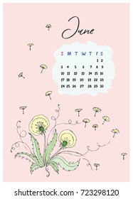 Doodle dandelion leaves, seeds fly on a pink background and a calendar for the month of June 2018