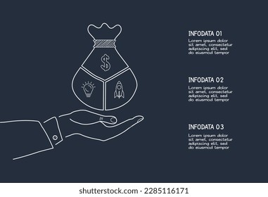 Doodle elementos de infografía oscura con 3 opciones, plantilla para web sobre fondo negro.	