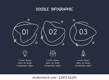 Doodle dark infographic elements with 3 options, template for web on a black background.	
