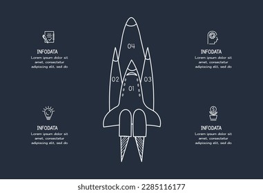Doodle elementos de infografía oscura con 4 opciones, plantilla para web sobre fondo negro.	