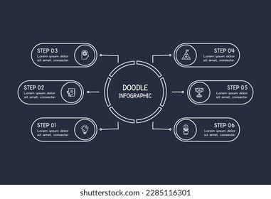 Doodle dark infographic elements with 6 options, template for web on a black background.	