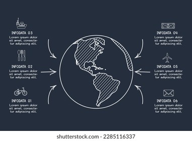 Doodle dark infographic elements with 6 options, template for web on a black background.	