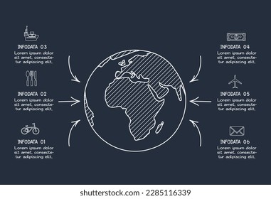 Doodle dark infographic elements with 6 options, template for web on a black background.	