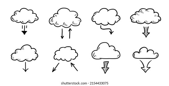 Doodle data server cloud set. Hand drawn sketch style cloud, arrow for internet database, digital storage concept. Vector illustration.