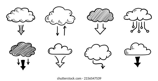 Doodle data server cloud set. Hand drawn sketch style cloud, arrow for internet database, digital storage concept. Vector illustration.