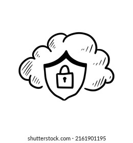 Nube de seguridad del servidor de datos Doodle. Cloud de estilo de esbozo dibujado a mano, flecha para base de datos de Internet, almacenamiento digital, concepto de tecnología de descarga. Ilustración vectorial.