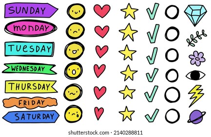 Días de doodle de la semana, caras con emociones, corazones, estrellas, colección de tareas. Línea aislada de pegatinas. Ilustraciones de vector dibujadas a mano