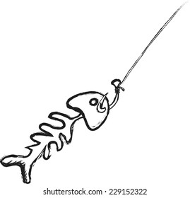 doodle dead fish on hook, vector