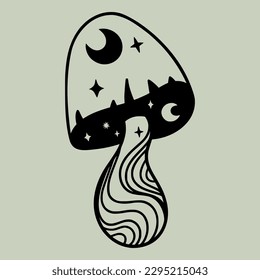 Doodle death cap mushroom amanita icon hand drawn sketch linear fly agaric vector illustration line art forest plant, mushroom silhouette mystical mushroom with moon and stars
