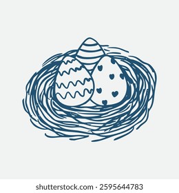 doodle of decorated easter eggs inside bird's nest. Vector illustration