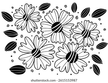Doodle decoration design Cute, unique flower pictures and abstract leaf shapes. easy to edit, design for children, coloring book