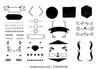 Doodle decoration set for quote creation, rough ornament collection, borders, frames dividers with labels, backgrounds and icons