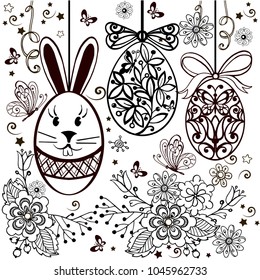 Doodle decorative eggs and bunny,rabbit for Easter card. May be used as an invitation or a foliage for different printings,page for coloring book for adult