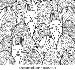 Doodle decorative eggs and bunny,rabbit for Easter card. May be used as an invitation or a foliage for different printings,page for coloring book for adult
