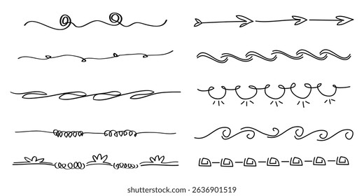 Doodle Decorative elements. Line borders, text dividers and swirls. isolated on white background. vector hand drawn illustration