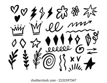 Doodle decorative elements set. Hand-drawn black color vector illustration. Isolated on white background.