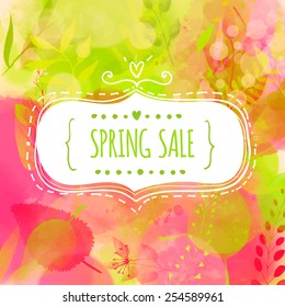 Doodle decorative frame with text spring sale. Nature inspired pink and green background with watercolor texture and leaves. Vector design for spring advertisement, banners, cards.