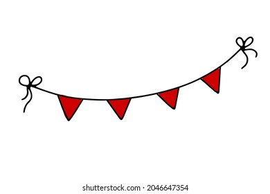 Doodle decorative Garland. Hand-drawn red festoon isolated on white background. Outline festive decoration with flags, ribbon, bow. Vector illustration for a holiday, birthday, wedding, Valentines Day