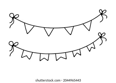 Doodle decorative Garlands set. Hand-drawn festoon isolated on white background. Outline festive decoration with triangular flags, ribbons, bows. Vector illustration for a holiday, birthday, wedding