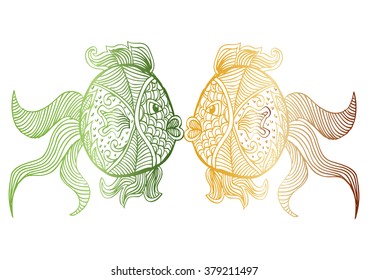 Doodle decorative hand drawn two fishes illustration