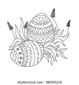 Doodle decorative image - eggs in grass for Easter. Hand drawn line vector holiday illustration isolated on white background.