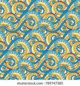 Doodle decorative ornamental curly vector seamless pattern. Cozy cute background