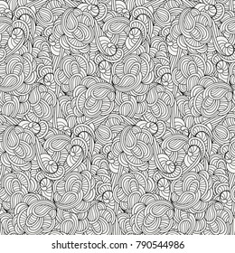 Doodle decorative ornamental curly vector seamless pattern. Cozy cute background for coloring pages