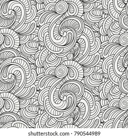 Doodle decorative ornamental curly vector seamless pattern. Cozy cute background for coloring pages